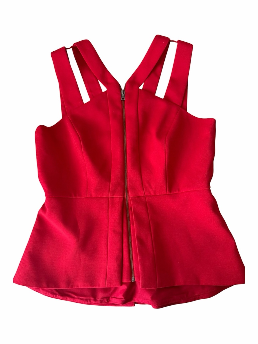 BCBGMAXAZRIA Red Zippered Front Strappy Peplum Blouse Top Womens Size Small